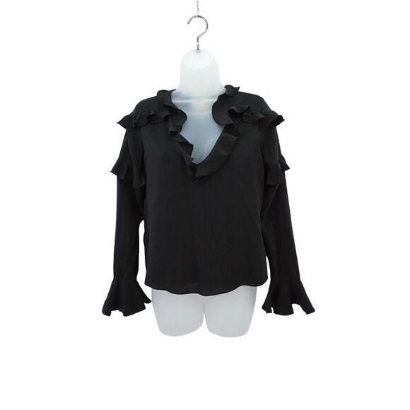 Alexis Blouse Women's Size XS Black Silk Ruffle Pullover V-Neck Top - Picture 1 of 11